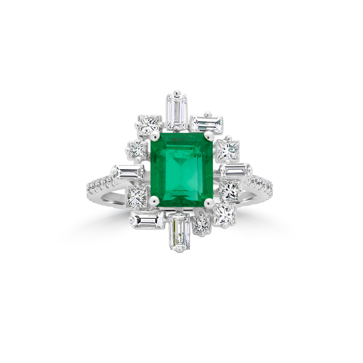 Emerald Green Ring with Art Deco Halo