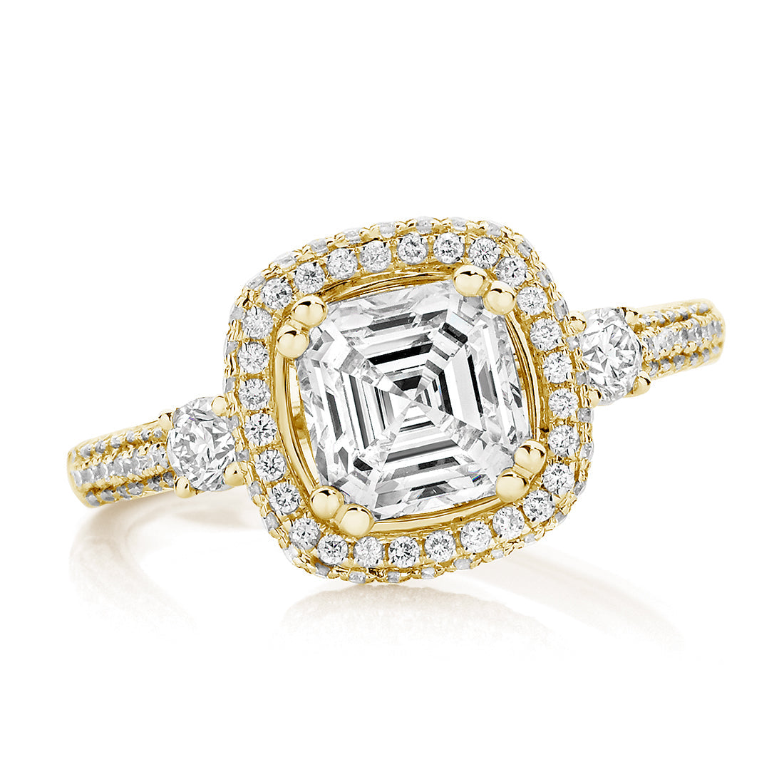 LG Asscher Cut Trilogy with Pavé Halo Diamond Engagement Ring