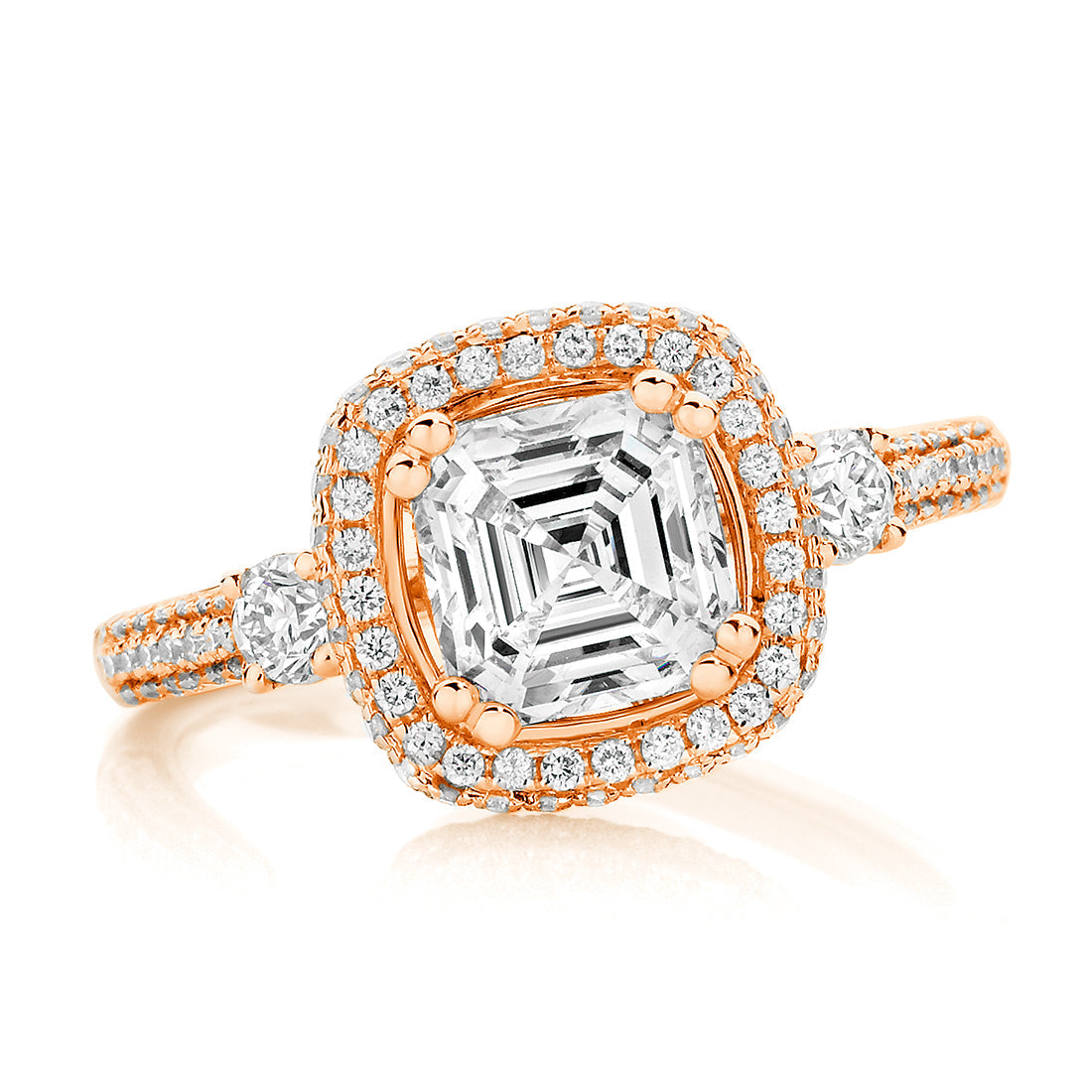 LG Cushion Cut Trilogy with Pavé Halo Diamond Engagement Ring