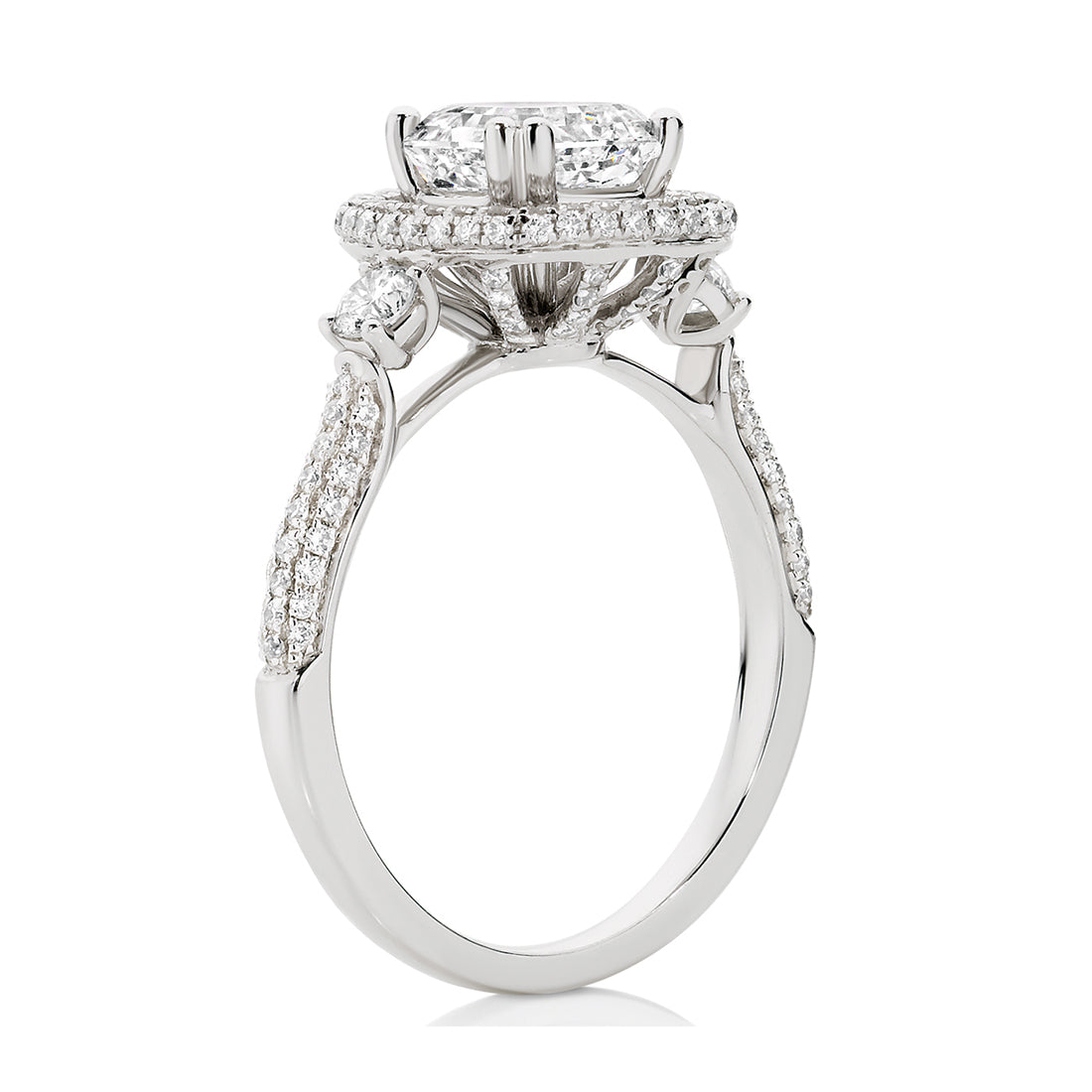 LG Asscher Cut Trilogy with Pavé Halo Diamond Engagement Ring
