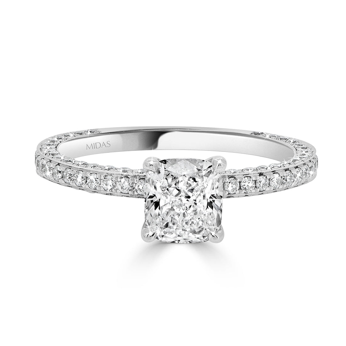 LG Cushion Cut Three Sided Pavé Diamond Engagement Ring