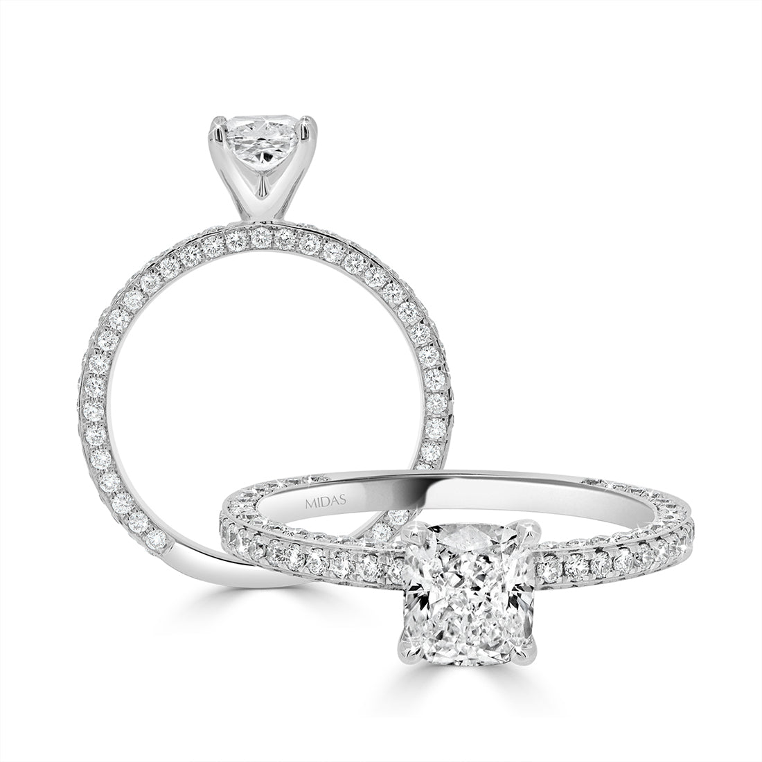 LG Cushion Cut Three Sided Pavé Diamond Engagement Ring