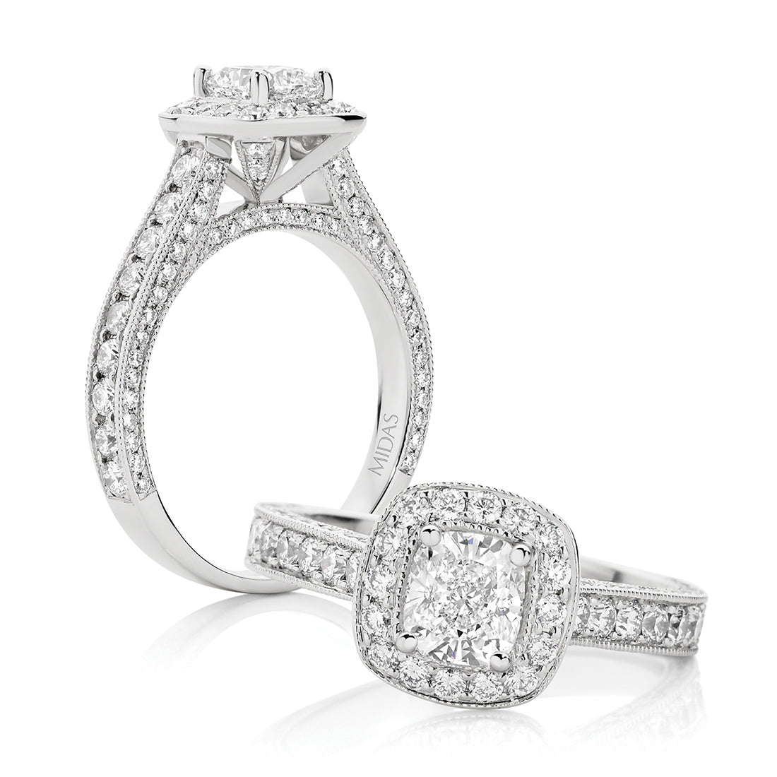 LG Cushion Cut with Pavé Halo and Milgrain Edging Engagement Ring