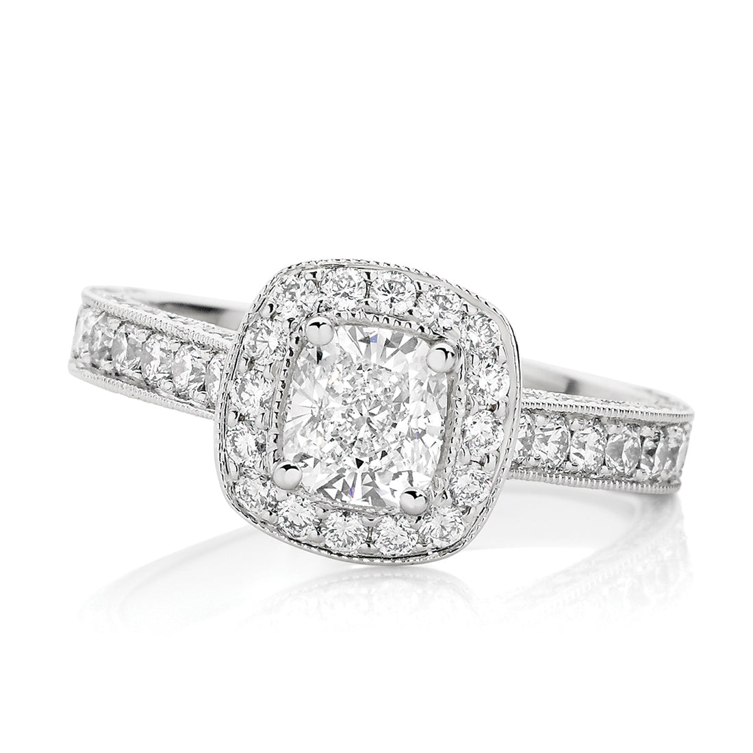 LG Cushion Cut with Pavé Halo and Milgrain Edging Engagement Ring