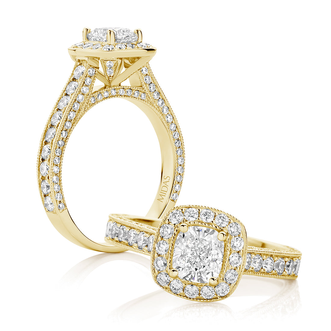 LG Cushion Cut with Pavé Halo and Milgrain Edging Engagement Ring