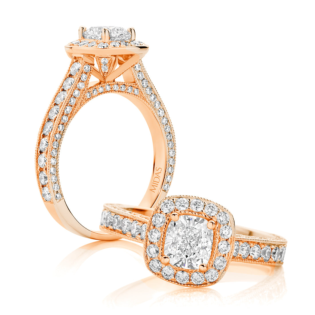 LG Cushion Cut with Pavé Halo and Milgrain Edging Engagement Ring