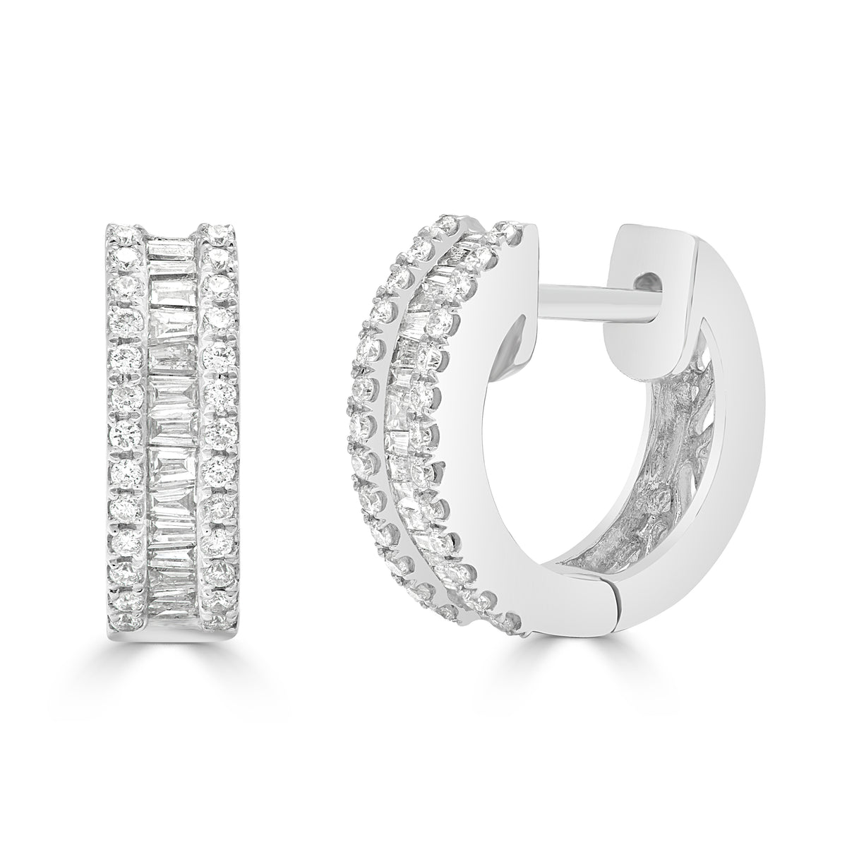 Baguette and Round Cut Double Row Diamond Huggie Earrings