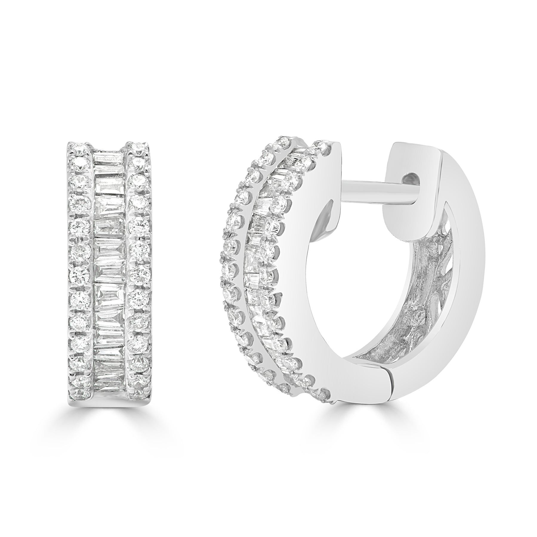 Baguette and Round Cut Double Row Diamond Huggie Earrings