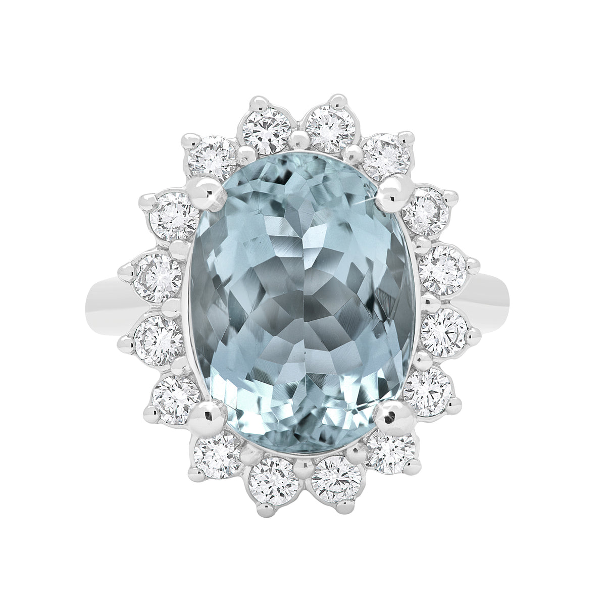 Oval Cut Aquamarine and Diamond Floral Halo Dress Ring