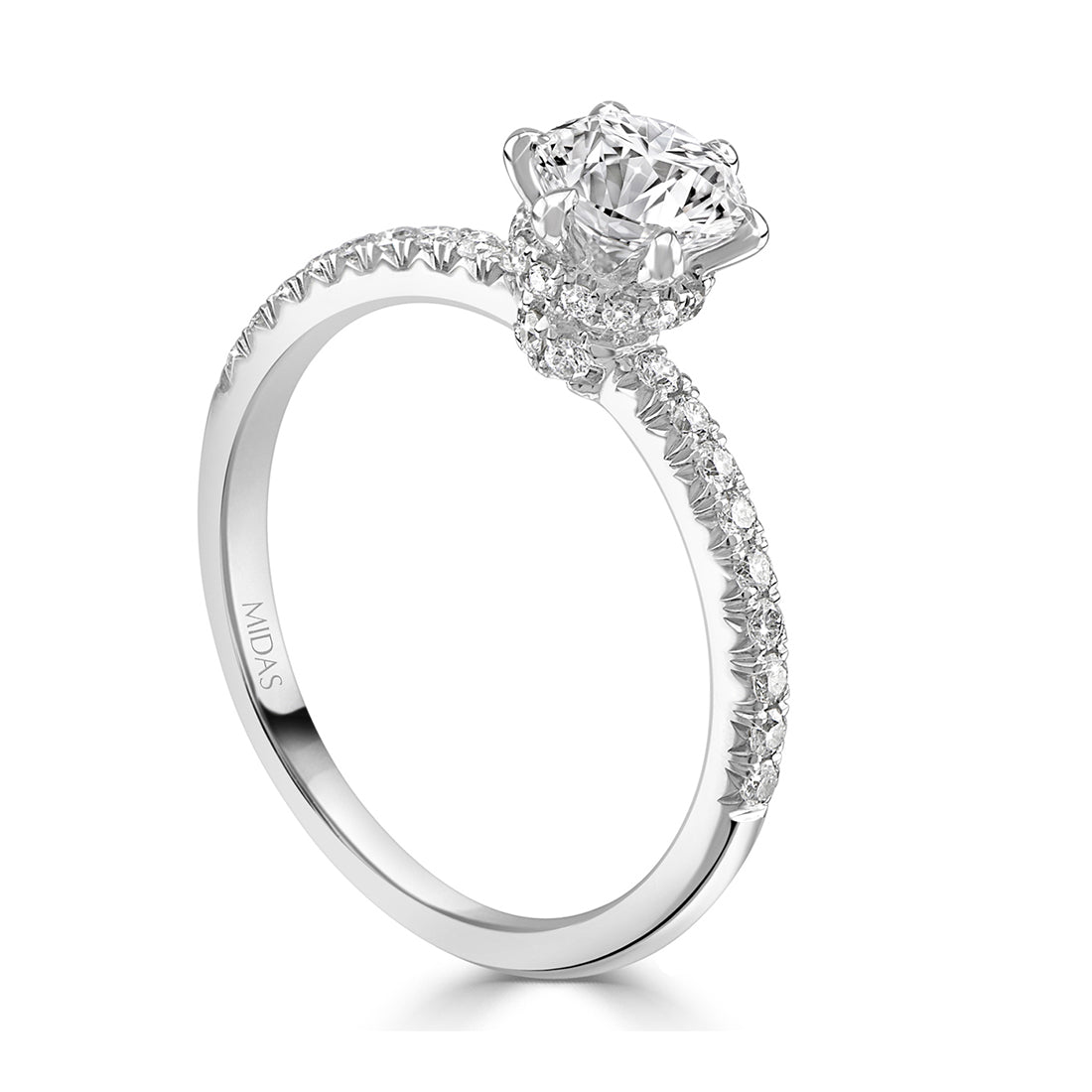 LG Round Brilliant Cut Pavé Solitaire with Shank and Shoulders Engagement Ring