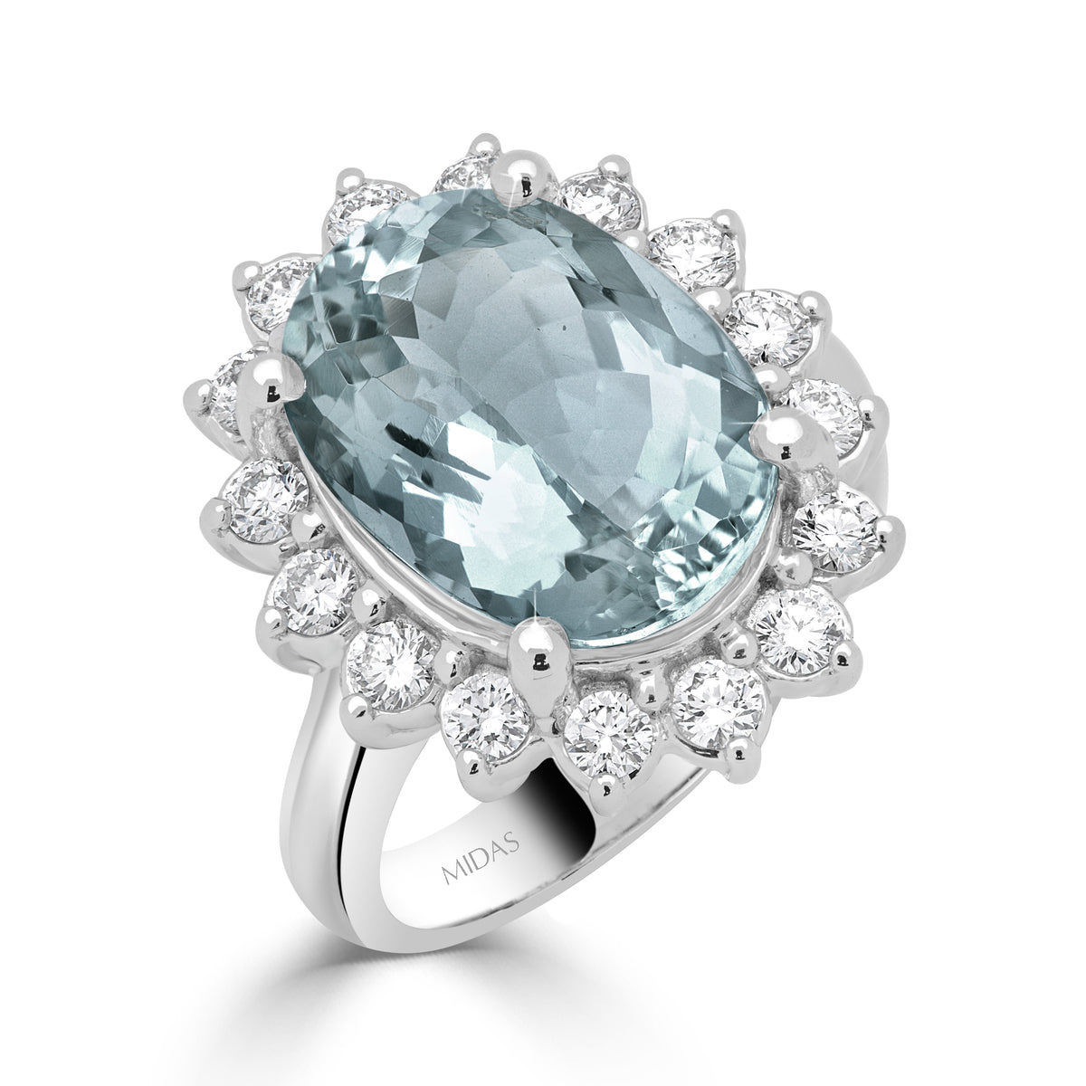Oval Cut Aquamarine and Diamond Floral Halo Dress Ring