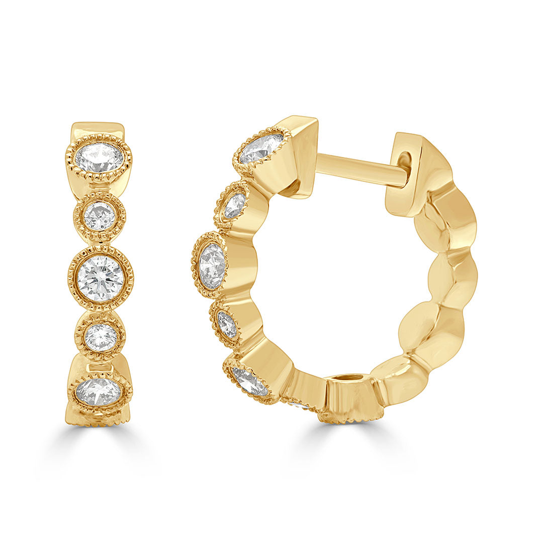 Round Cut Diamond Bezel Milgrain Huggie Earrings
