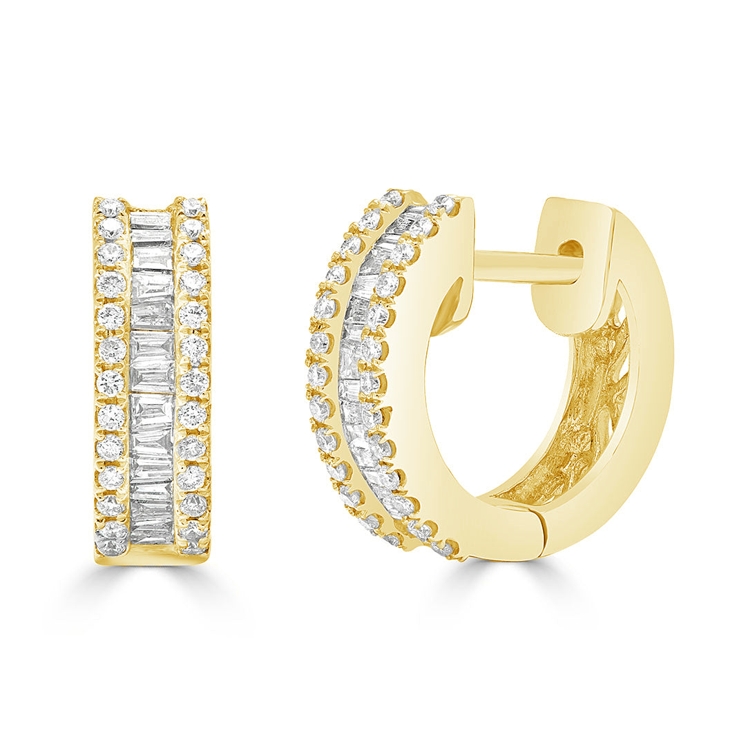 Baguette and Round Cut Double Row Diamond Huggie Earrings