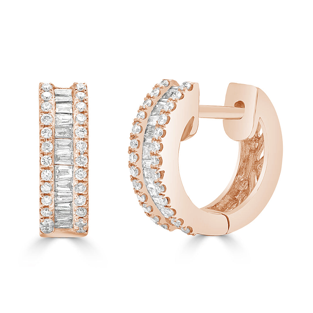 Baguette and Round Cut Double Row Diamond Huggie Earrings