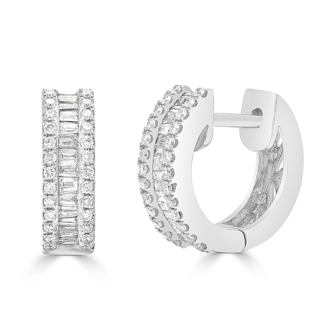 Baguette and Round Diamond Huggie Earrings