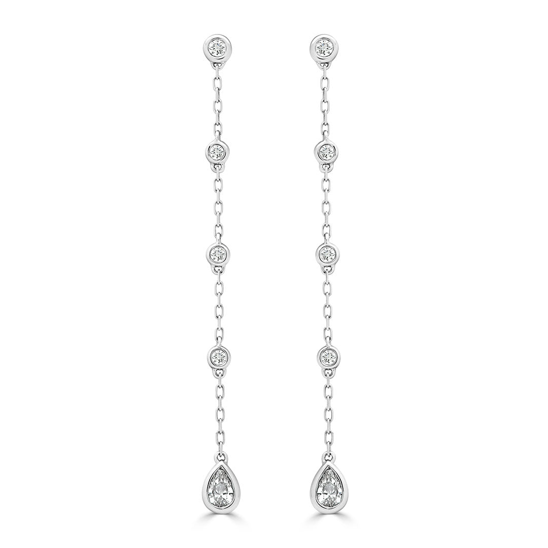 Pear Cut Diamond Bezel Set Drop Chain Earrings