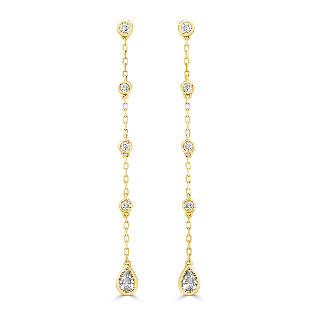 Pear Cut Diamond Bezel Set Drop Chain Earrings