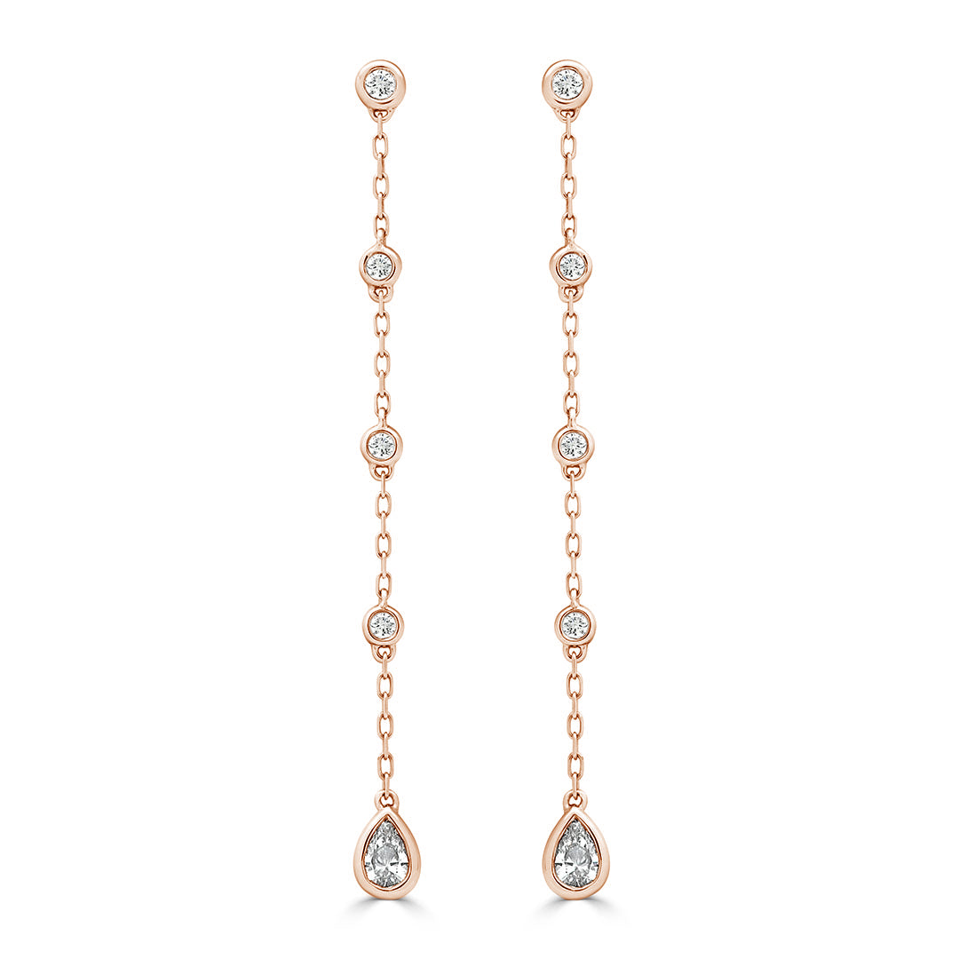 Pear Cut Diamond Bezel Set Drop Chain Earrings