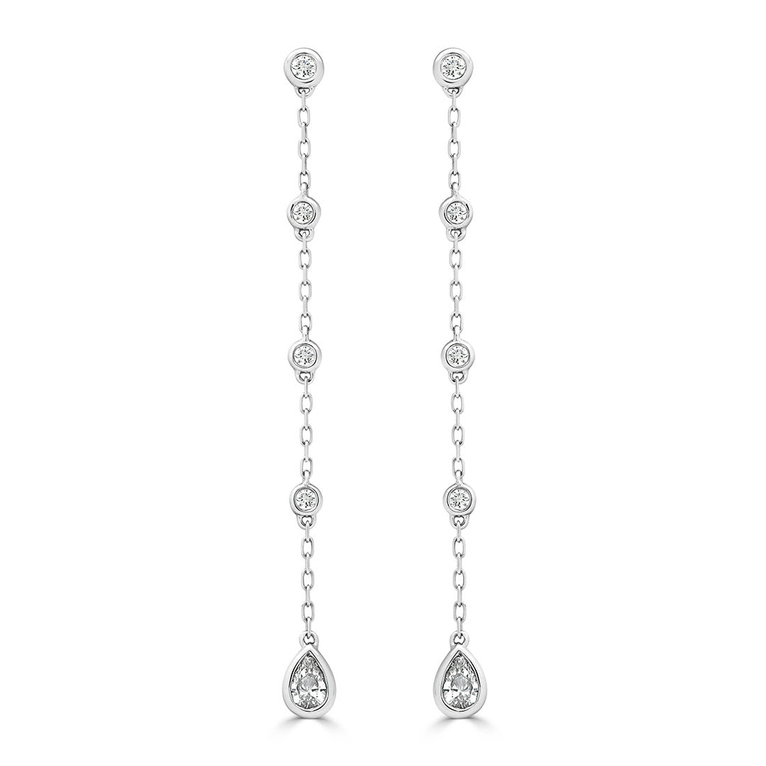 Pear Cut and Round Brilliant Cut Diamond Bezel Drop Earrings