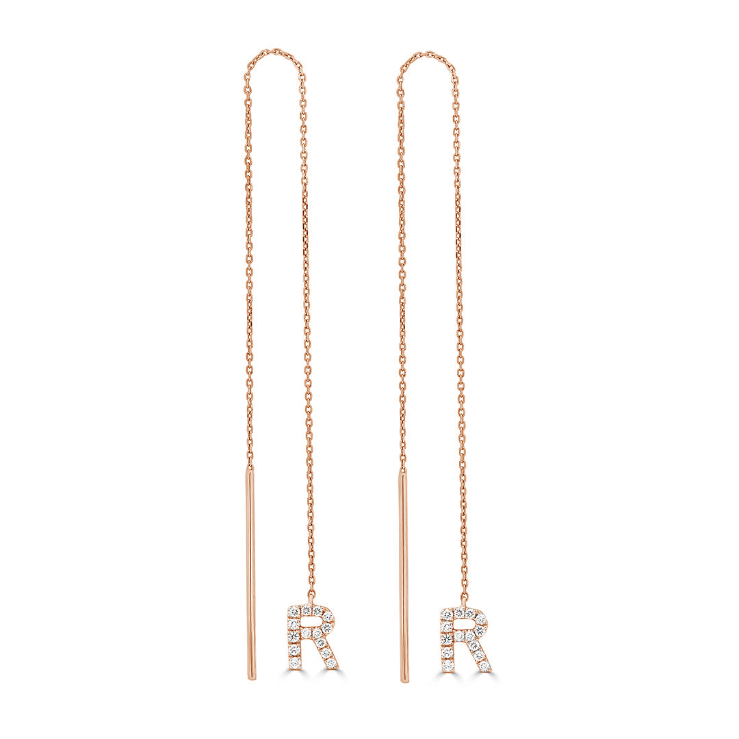 Round Cut Diamond Initial 'R' Chain Earrings
