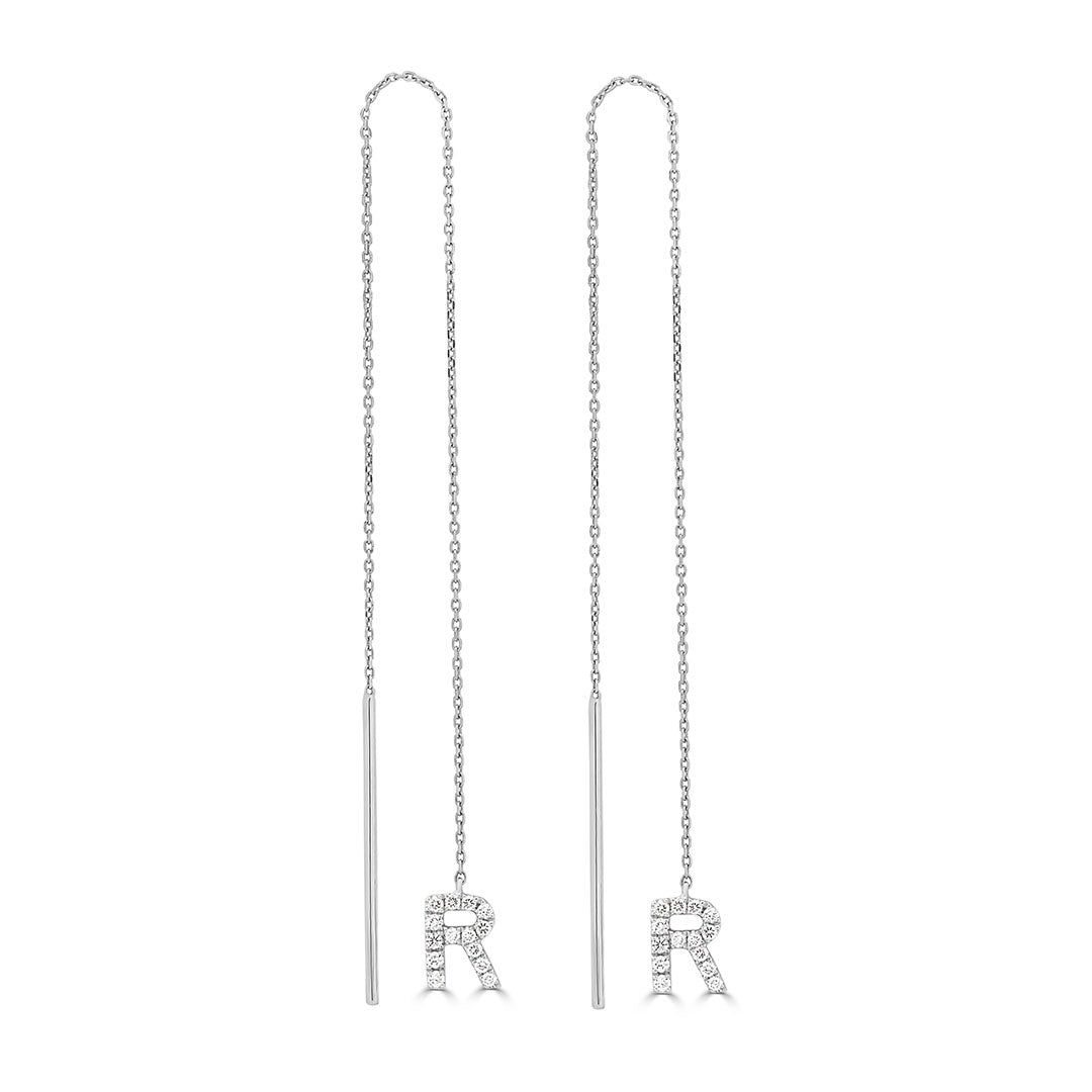 Round Cut Diamond Initial 'R' Chain Earrings