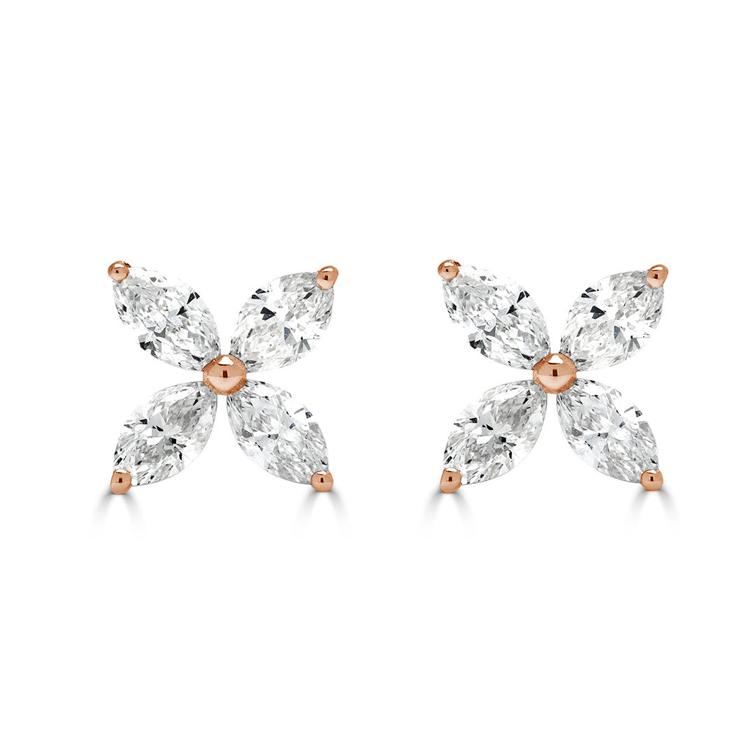Marquise Cut Four Leaf Floral Cluster Diamond Earrings