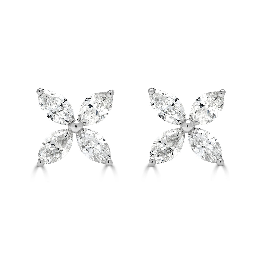 Marquise Cut Four Leaf Floral Cluster Diamond Earrings