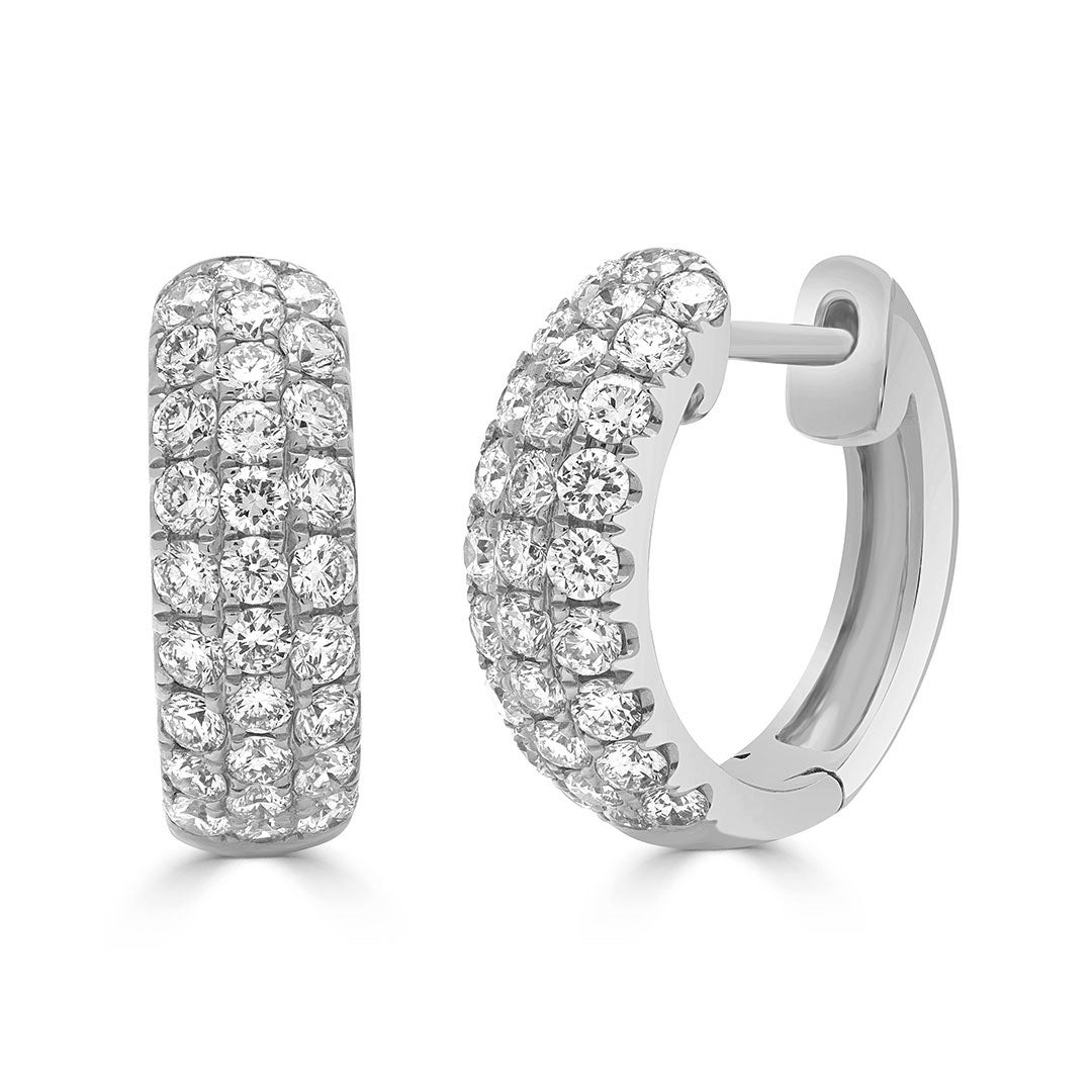 Round Brilliant Triple Row Pavé Huggie Diamond Earrings