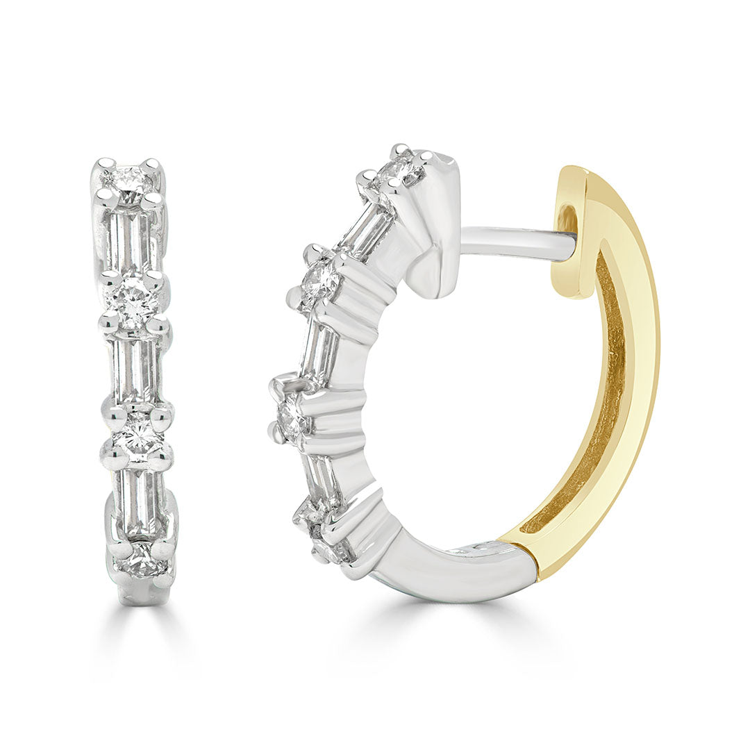 Round and Baguette Diamond Huggie Earrings