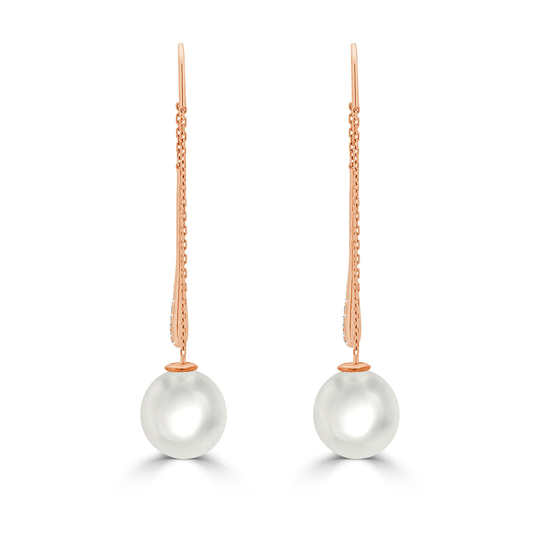 Round Cut Diamond and Australian South Sea Pearl Drop Earrings