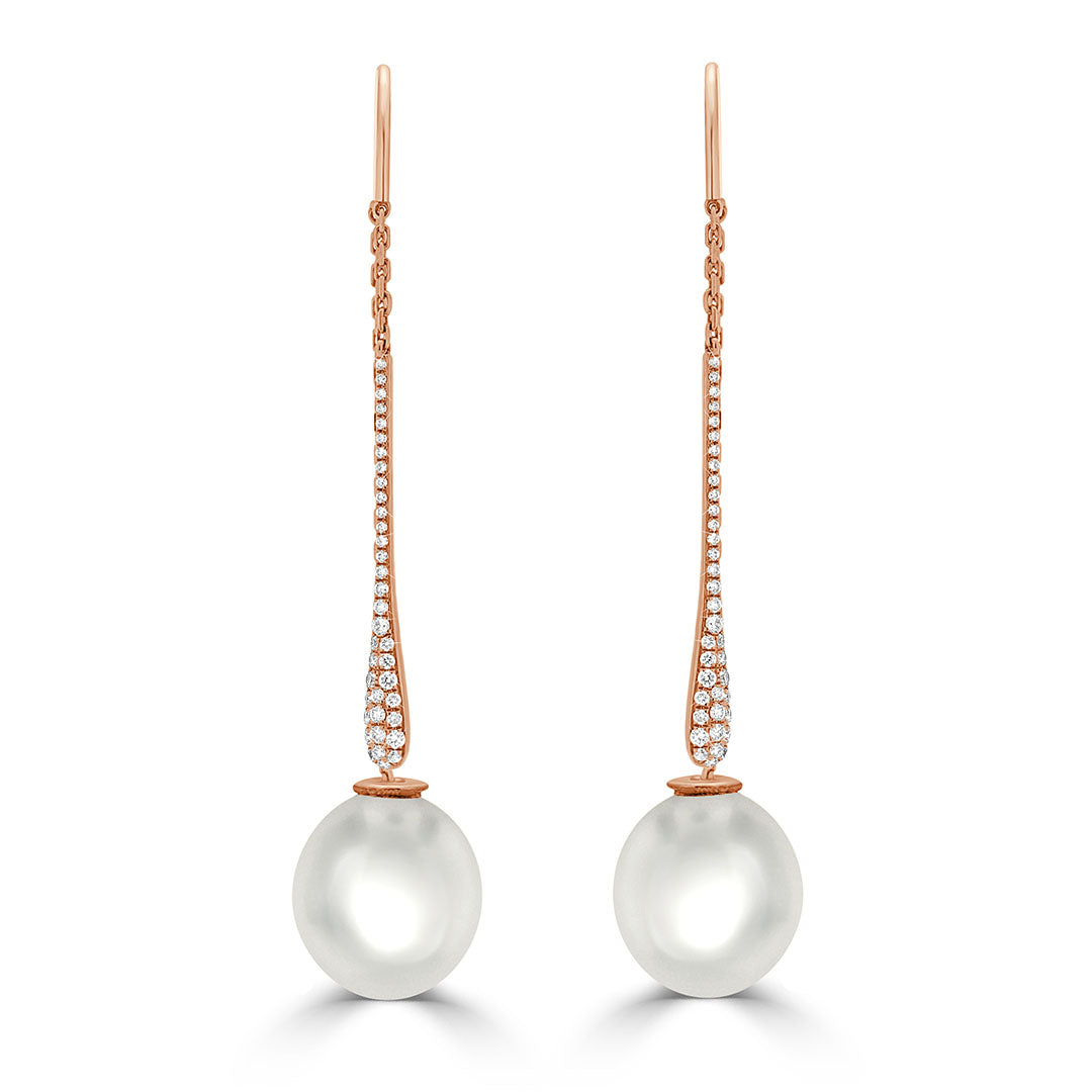 Round Cut Diamond and Australian South Sea Pearl Drop Earrings