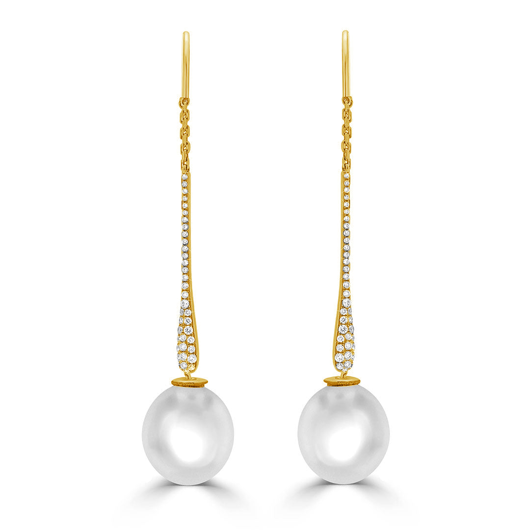 Pavé Diamond Long Drop South Sea Pearl Earrings