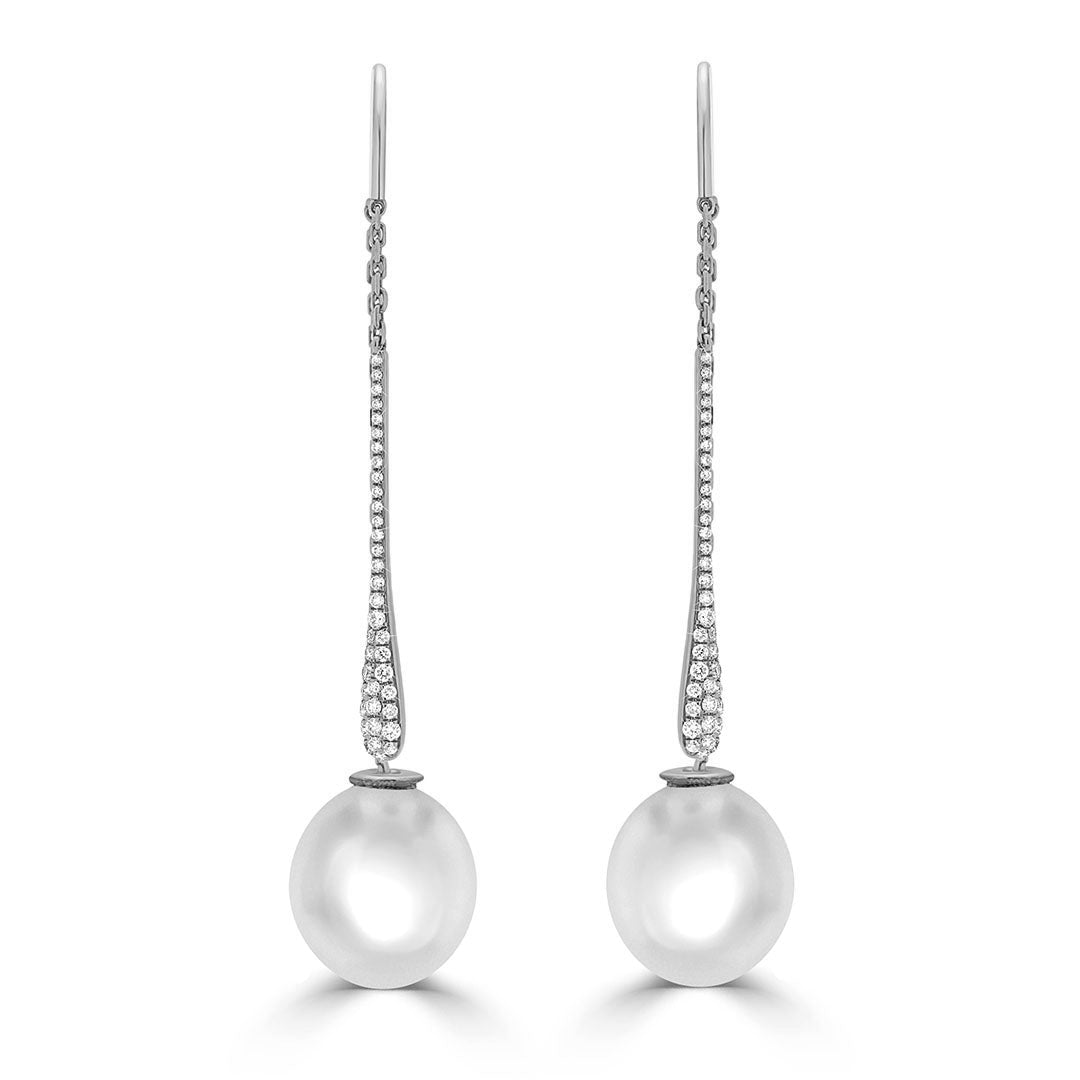 Pavé Diamond Long Drop South Sea Pearl Earrings