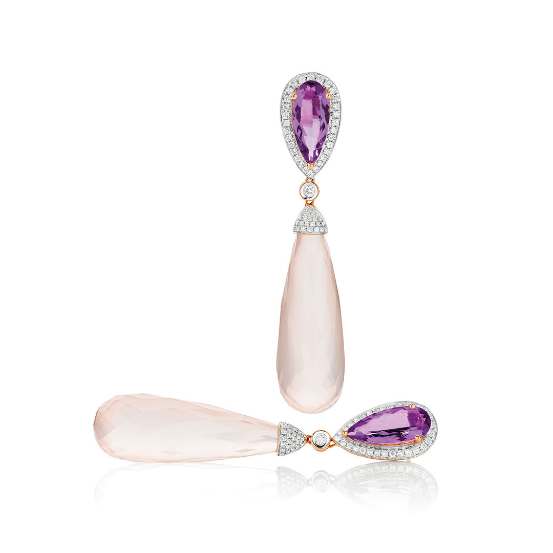 Pear Cut Amethyst and Rose Quartz Drop Earrings
