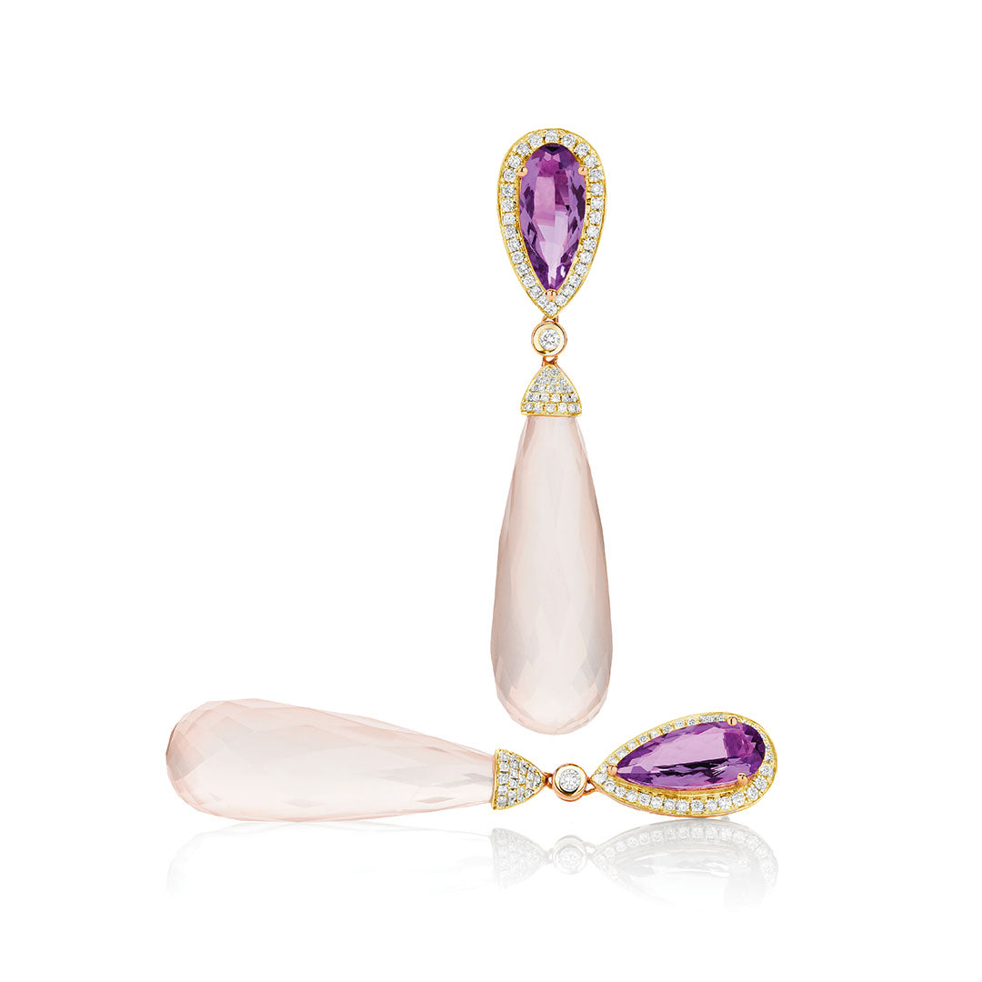 Pear Cut Amethyst and Rose Quartz Drop Earrings