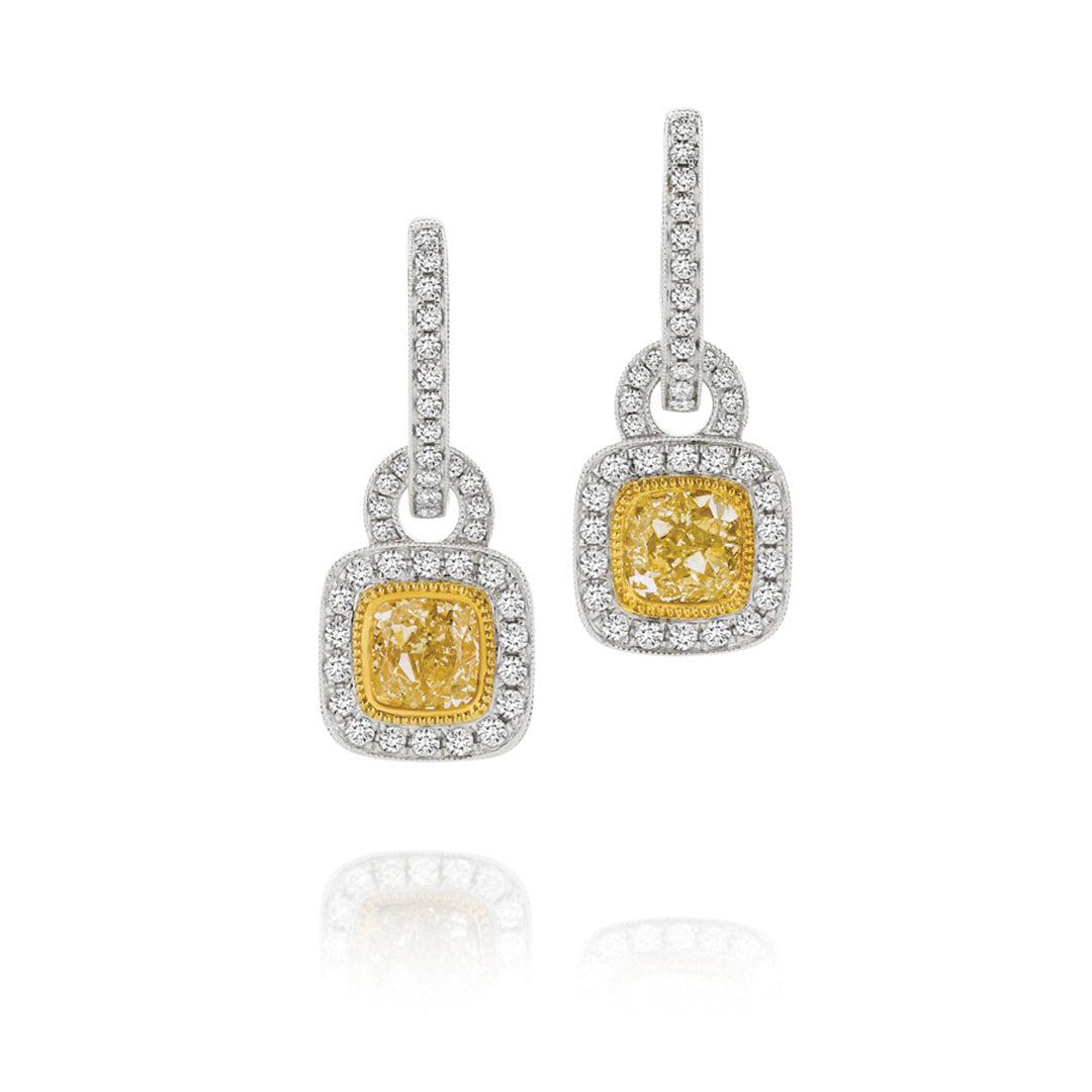 Cushion Cut Yellow Diamond Pavé Halo Drop Earrings
