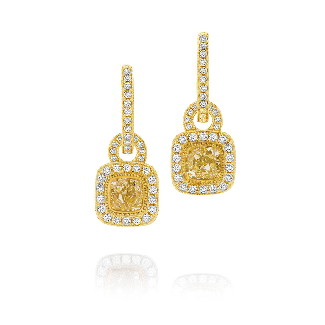 Cushion Cut Yellow Diamond Pavé Halo Drop Earrings