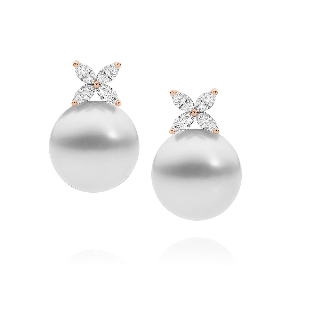 Marquise Cut Diamond and Australian South Sea Pearl Stud Earrings