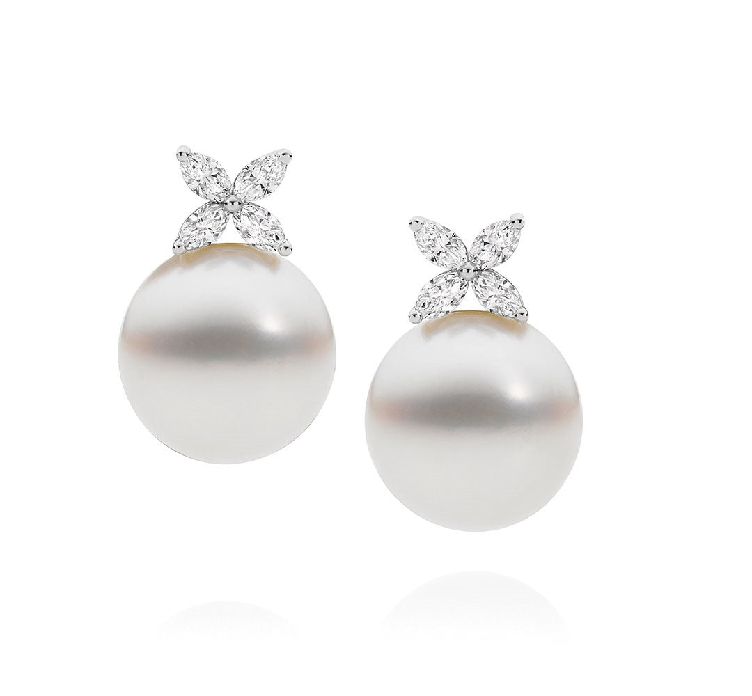 Marquise Cut Diamond and Australian South Sea Pearl Stud Earrings
