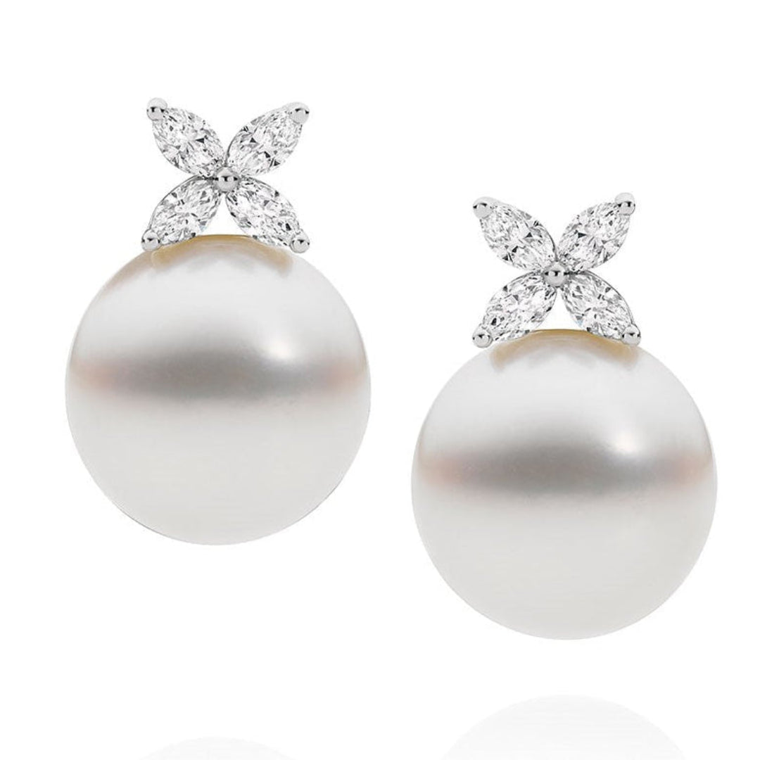 Marquise Cut Diamond and Australian South Sea Pearl Stud Earrings
