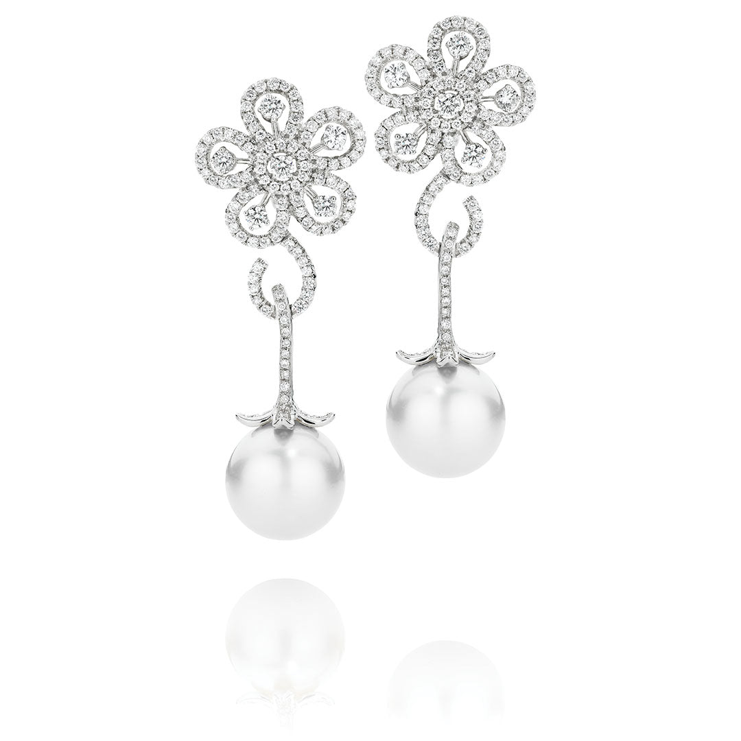 South Sea Pearl and Diamond Floral Design Drop Earrings