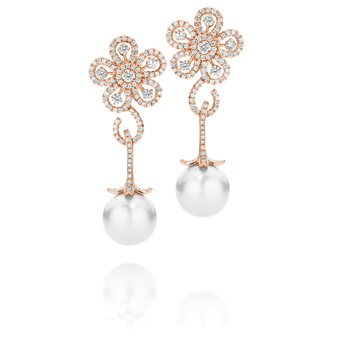 South Sea Pearl and Diamond Floral Design Drop Earrings