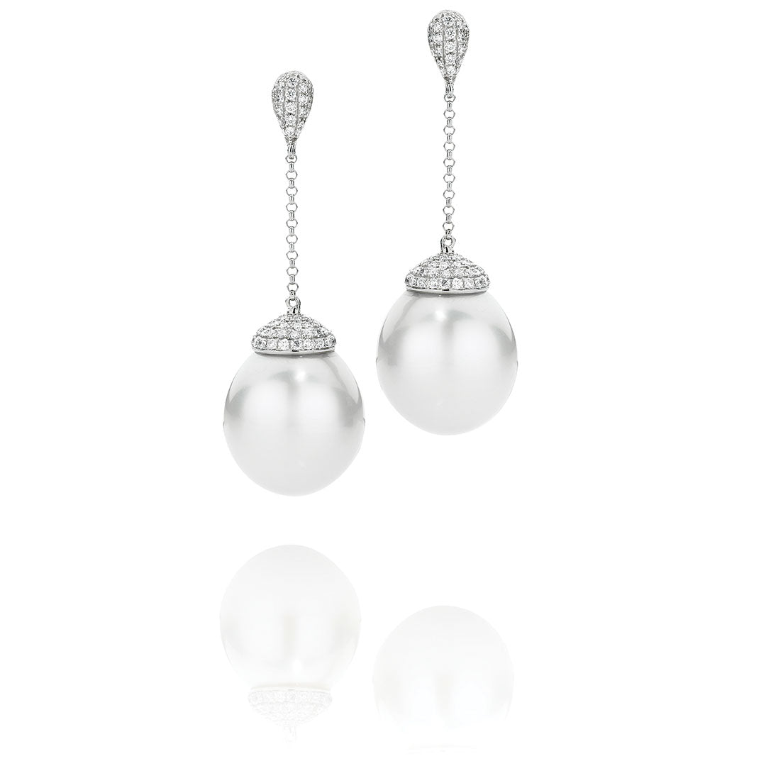 Round Australian South Sea Pearl and Pavé Diamond Drop Earrings
