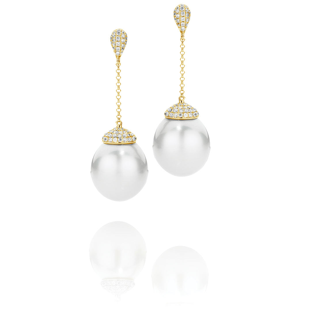 Round Australian South Sea Pearl and Pavé Diamond Drop Earrings