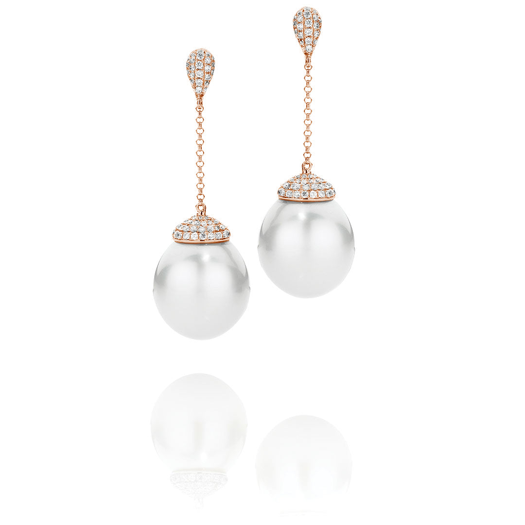 Round Australian South Sea Pearl and Pavé Diamond Drop Earrings