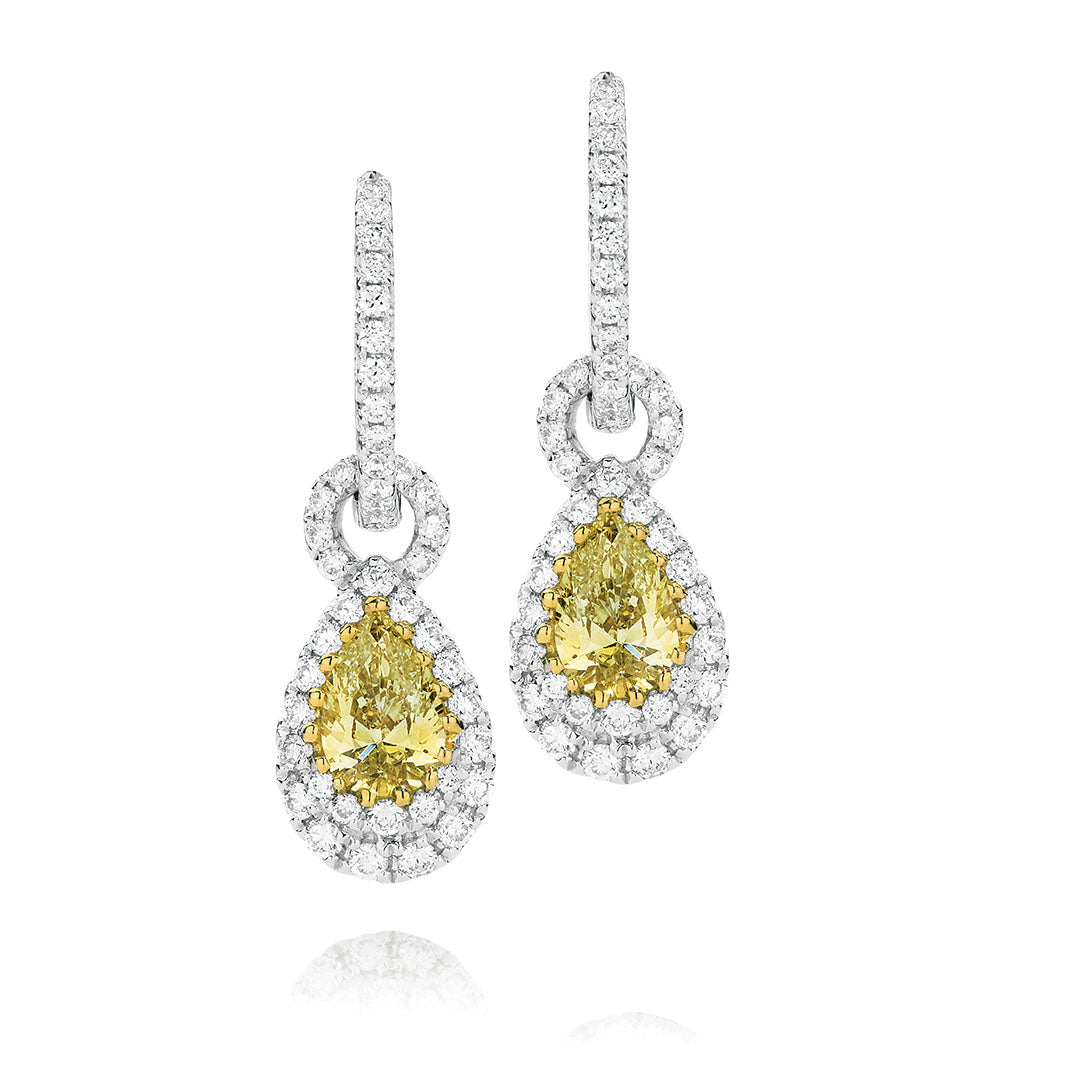 Pear Cut Yellow Diamond Halo Drop Earrings