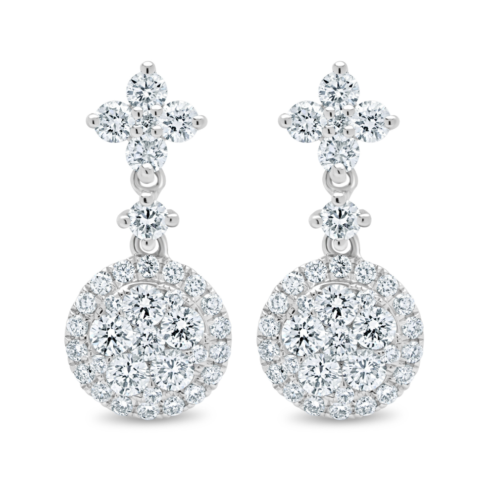 Dazzling Round Brilliant Cluster Halo Drop Diamond Earrings