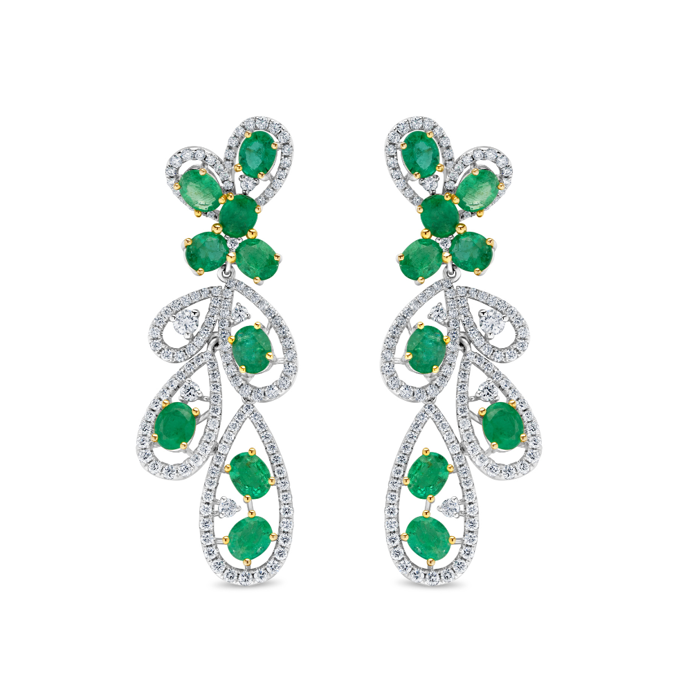 Oval Cut Emerald and Diamond Teardrop Cluster Drop Earrings