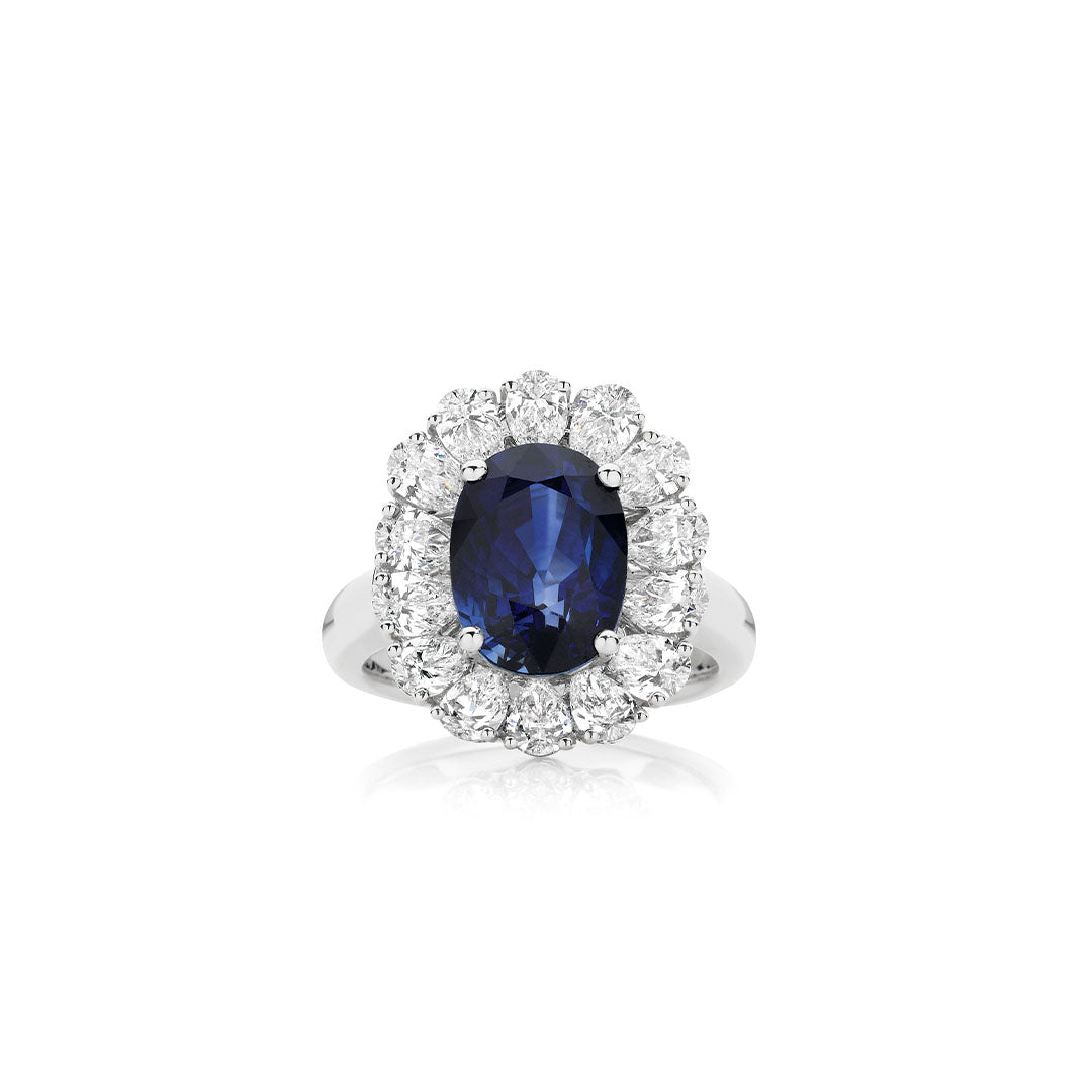 Royal Blue Sapphire Diamond and Pear Halo Ring