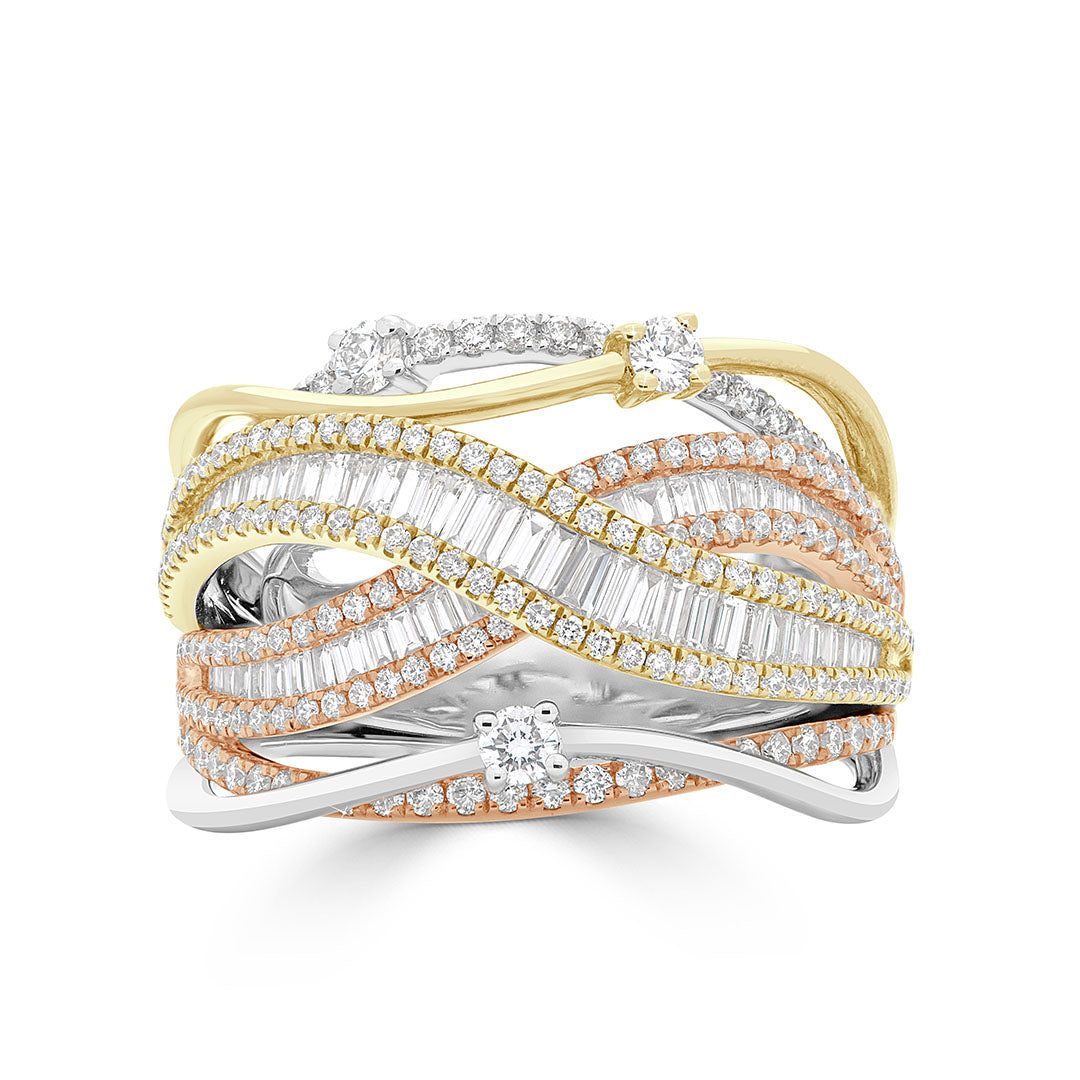 Round and Baguette Cut Diamond Tri-Colour Overlapping Dress Ring